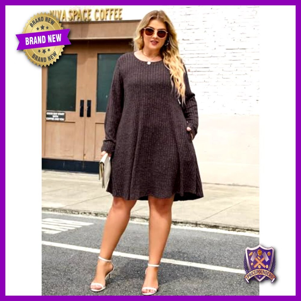 Plus Size Sweater Dress Long Sleeve Casual Fall Winter with Pockets - Picture 3 of 7